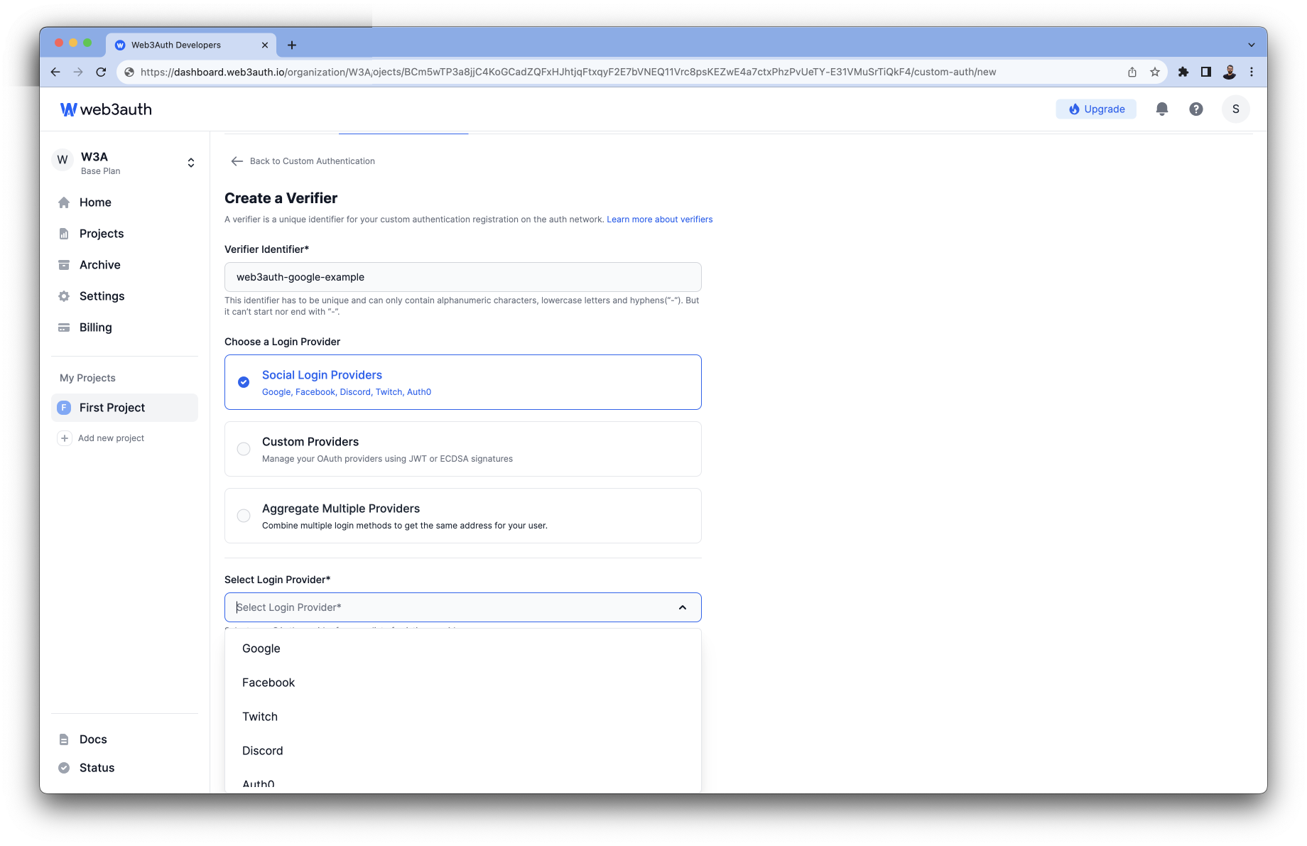 Login Providers list on Web3Auth Dashboard